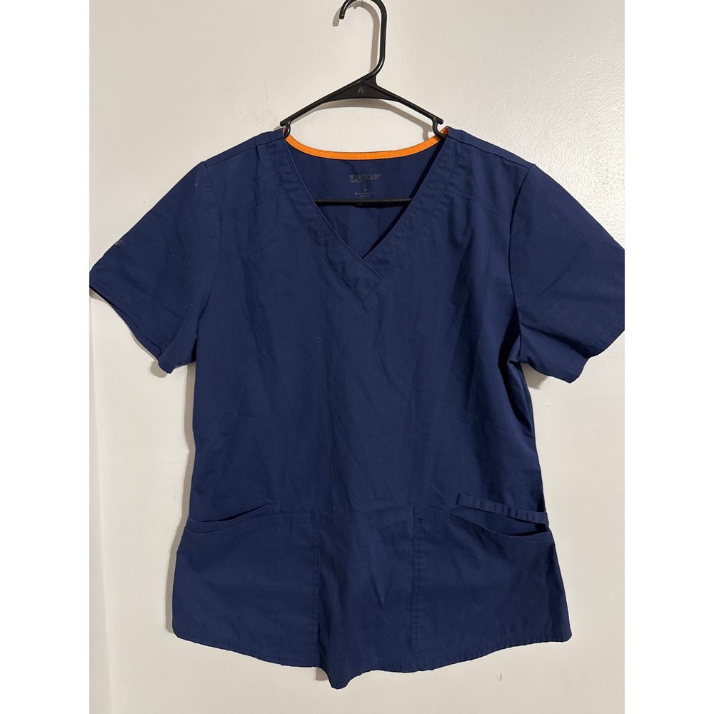 Scrubstar Womens V-Neck Scrub Top Navy Blue Orange Trim Short Sleeve Pockets S